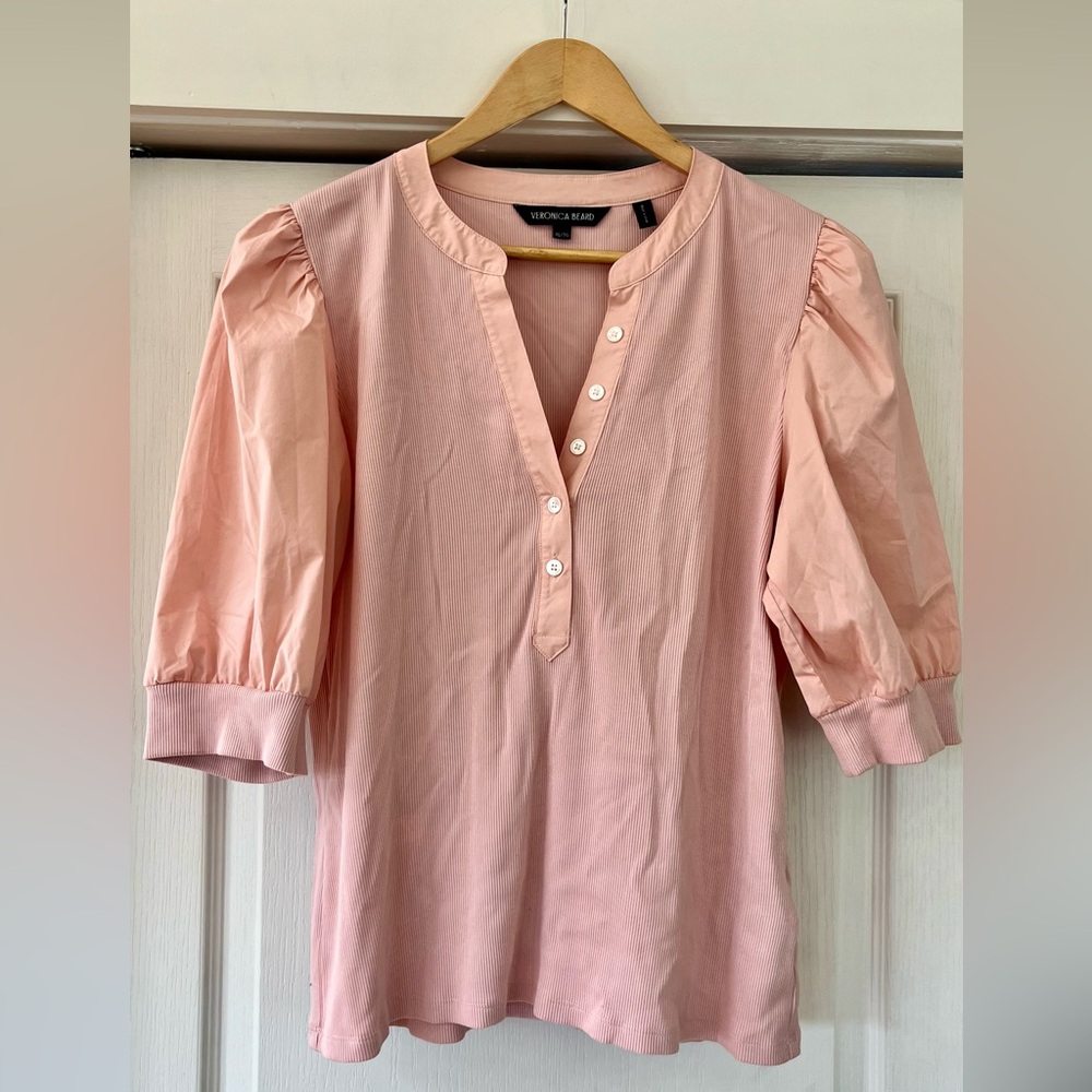 VERONICA BEARD Coralee Ribbed Knit Puff Sleeve Top XL (in light pink)
